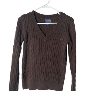 CHAPS Classics Women's V-Neck Brown Cable-Knit Pullover Cotton Sweater Sz S